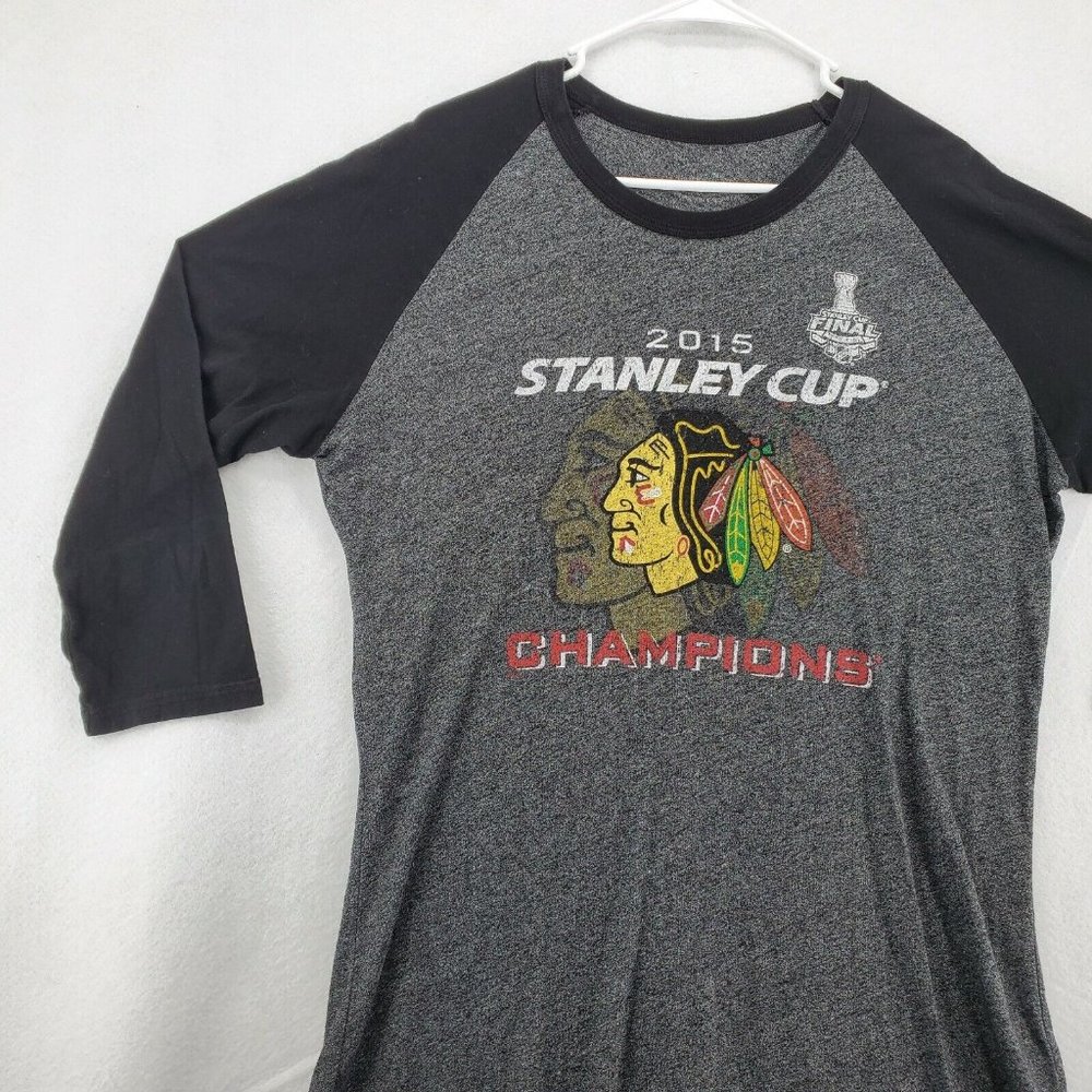 CHICAGO BLACKHAWKS Shirt Men’s 3/4 Sleeve Gray Large 2015 Stanley Cup - Picture 4 of 10
